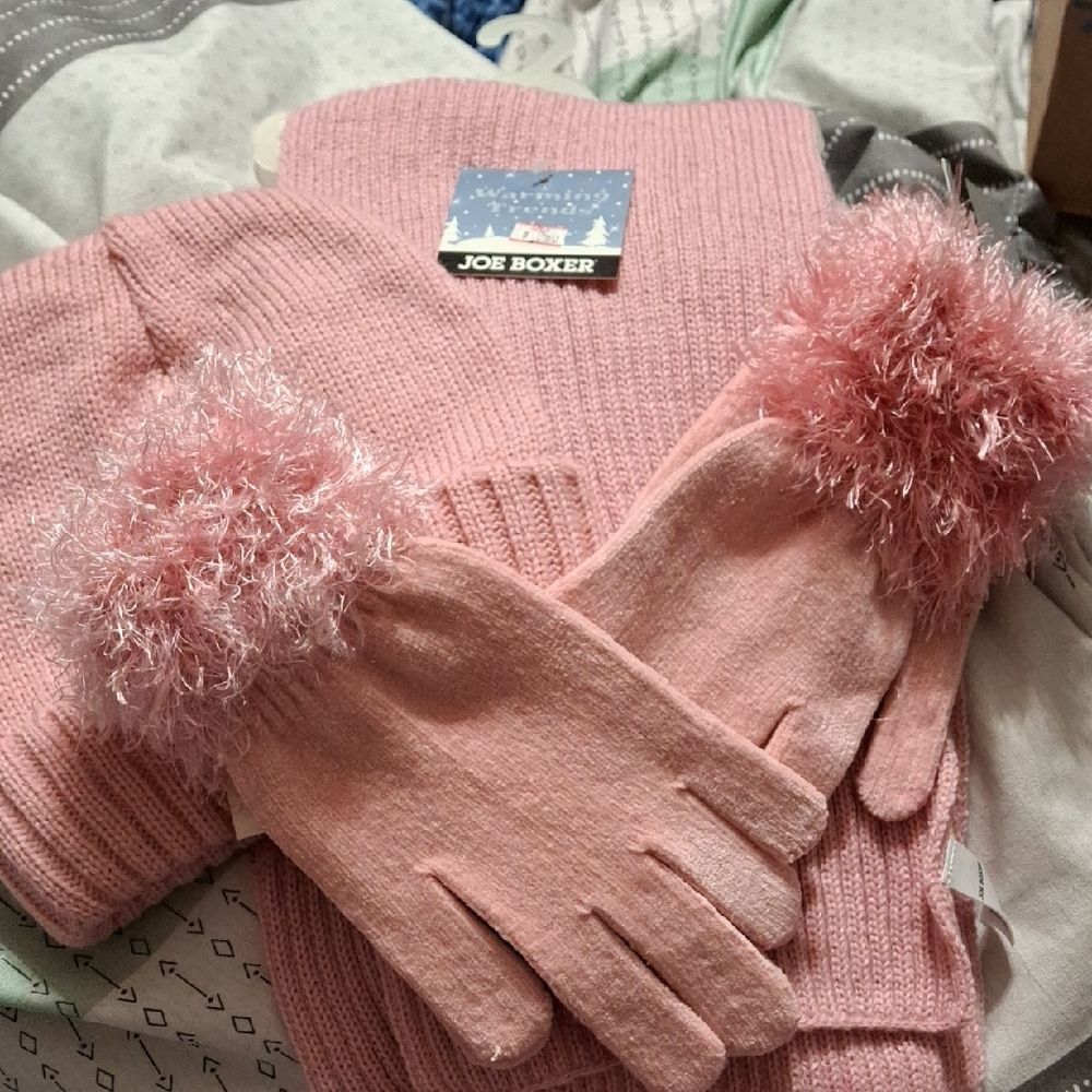 Joe Boxer Pink Knit Scarf and 2 pair Gloves with Fluffy Accents. Matching Hat